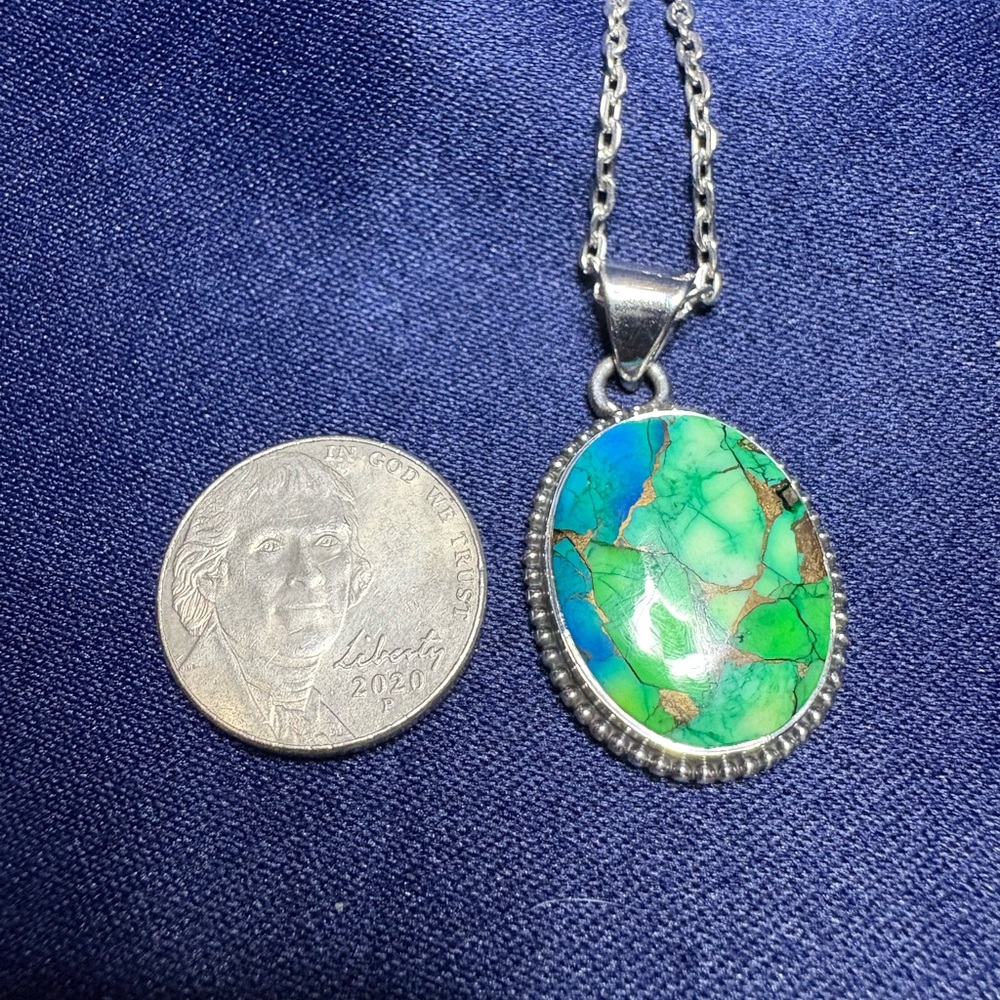 Pendant Peacock Dahlia Turquoise 925 Sterling Silver Oval Statement Necklace - Picture 6 of 8